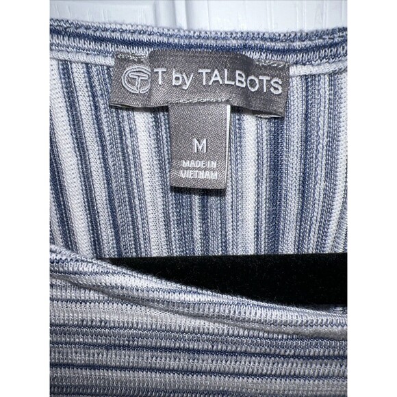 T by Talbots Women Top Med Gray Zip 3/4 Sleeve Striped Knit Pocket Stretch Light - Picture 4 of 12
